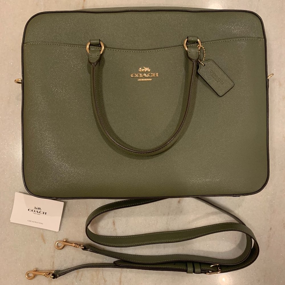 COACH Beckett Slim Brief Laptop Bag GREEN/GOLD